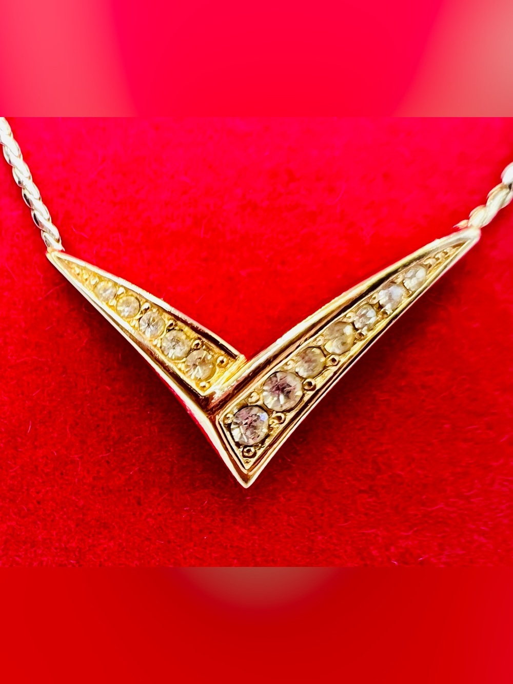 Christian Dior Gold Plated Vintage V Shaped Pave Crystals Necklace w/ CD Logo. - Picture 4 of 10